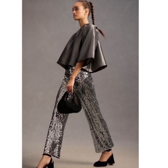 Anthropologie Maeve Colette Silver Sequin Wide-leg Pants NWT - Picture 2 of 7